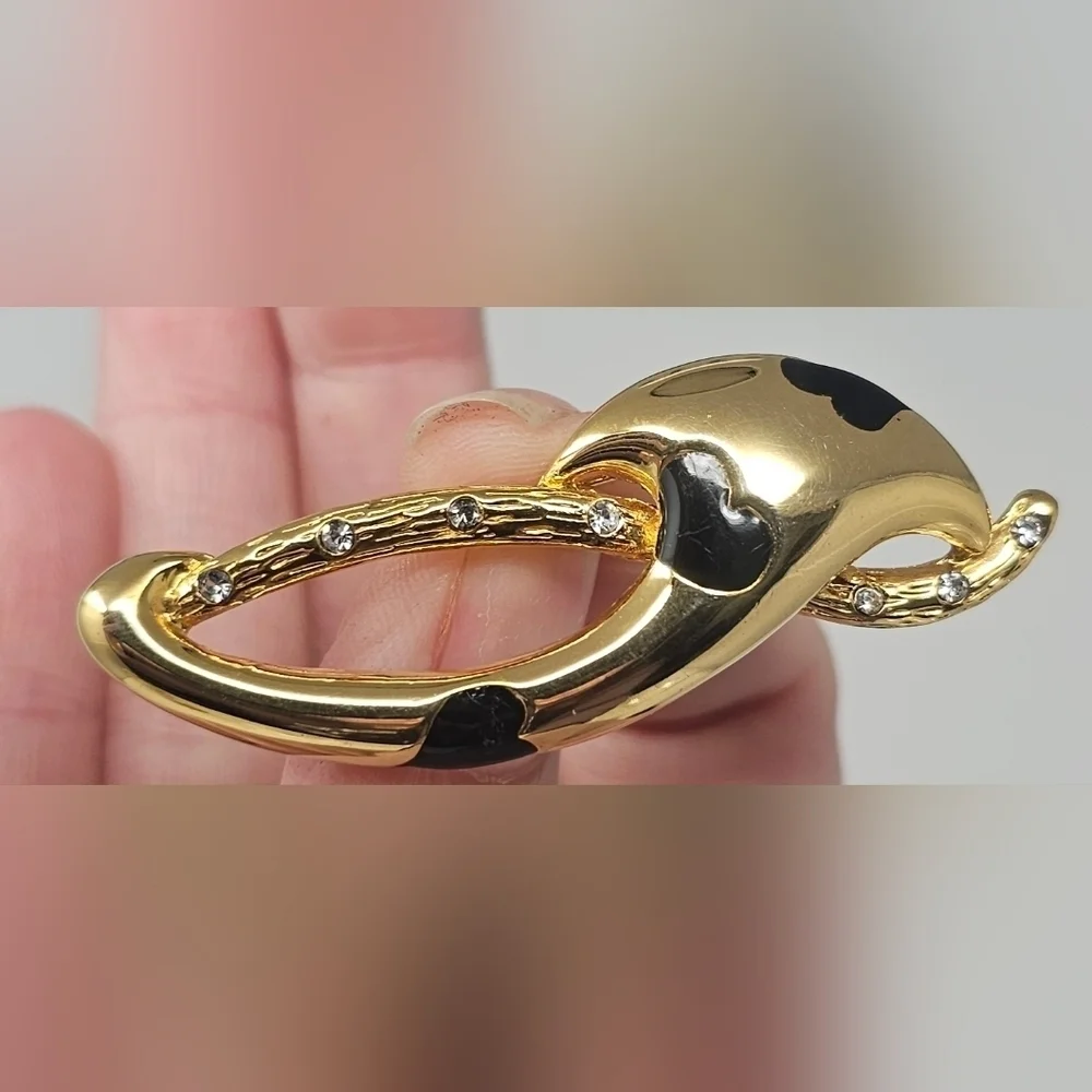 Gold Tone Black Enamel Heart Inlay Brooch With Rhinestones 2-1/4